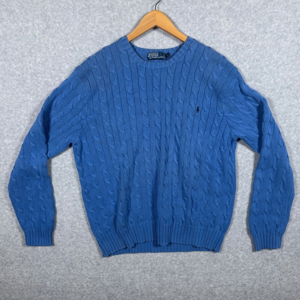 Polo Ralph Lauren Mens XL Cable Knit Cotton Sweater Blue Crew Neck Pony Preppy